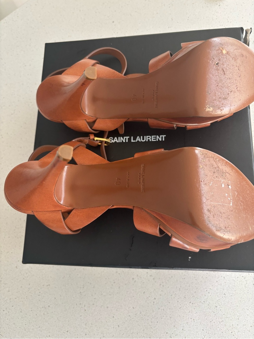 Saint Laurent Tan Leather Platform Sandals with Ankle Strap - Picture 6 of 8